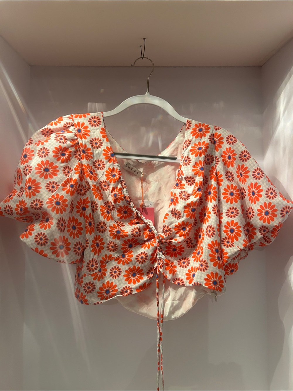 RHODE Orange Daisy Tie-Front Puff Sleeve Crop Top